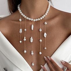 Brass & Imitation Pearl Tassel Bib Necklaces for Women&nbsp;WGAF7CC-02