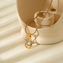 304 Stainless Steel Micro Pave Clear Cubic Zirconia Teardrop with Ring Pendant Necklaces for Women&nbsp;WGE593C-01