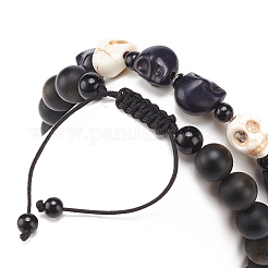 2Pcs 2 Style Natural Golden Sheen Obsidian & Mixed Gemstone Skull Braided Bead Bracelets Set&nbsp;BJEW-JB08382