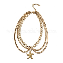 Summer Beach 304 Stainless Steel Starfish Charm 3 Layer Anklets for Women&nbsp;AJEW-F069-01G