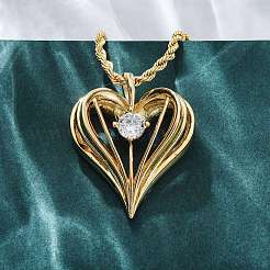 Brass Pave Clear Cubic Zirconia Heart Pendant Necklaces for Women&nbsp;NJEW-K381-07C-G