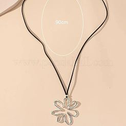 Bohemian Hollow Flower Alloy Pendant Black Imitation Leather Cord Long Necklaces for Women&nbsp;FS-WG2C5A1-01