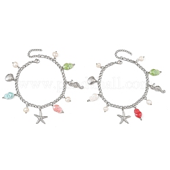 Porcelain Beads & Natural Cultured Freshwater Pearl Anklets&nbsp;SA-AJEW-AN00843-02