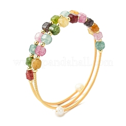 Cube Natural Tourmaline & Freshwater Pearl Beaded Copper French Wire Wrap Cuff Bangles&nbsp;BJEW-JB13984-01