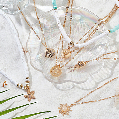 6Pcs 6 Style Sun & Flower & Shell Shape Pendant Alloy Multi Layered Necklaces Sets&nbsp;NJEW-AN0001-37