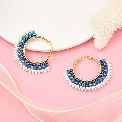 304 Stainless Steel & Bohemian Beaded Fan Hoop Earrings for Women&nbsp;EJEW-R001-01G-01