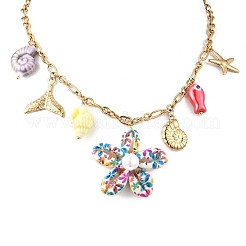 Printed Natural Cowrie Shell Colorful Flower & Ceramics Shell Shape Fish Pendant 304 Stainless Steel Chain Bib Necklaces for Women&nbsp;NJEW-A063-03G