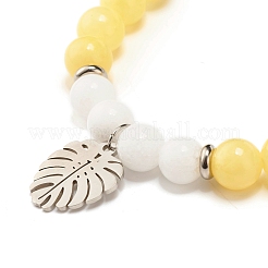 Natural Malaysia Jade(Dyed) & Howlite Round Beads Stretch Bracelet with Leaf Charm for Women&nbsp;BJEW-JB07504