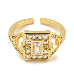 Rack Plating Brass Micro Pave Cubic Zirconia Rectangle Open Cuff Ring for Women&nbsp;RJEW-C082-05G