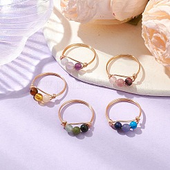 Round Natural & Synthetic Gemstone Braided Finger Ring&nbsp;RJEW-JR00742