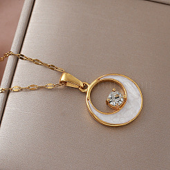 Vintage 304 Stainless Steel Resin Moon Pendant Necklaces with Clear Glass for Women&nbsp;IK8705