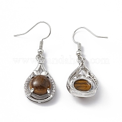 Natural Tiger Eye Teardrop Dangle Earrings with Crystal Rhinestone&nbsp;EJEW-A092-02P-16