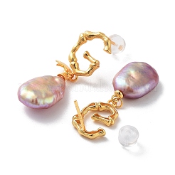 Oval Rectangle Natural Pearl Stud Earrings for Women&nbsp;EJEW-E303-40G