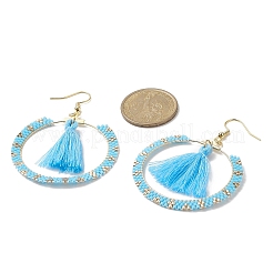 Glass Seed Braided Ring & Polycotton Tassel Dangle Earrings&nbsp;EJEW-MZ00051