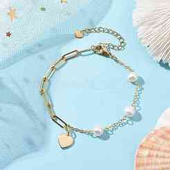 Natural Cultured Freshwater Pearl Beads Paperclip Chains Heart Charm Bracelets with Lobster Claw Clasps for Women&nbsp;BJEW-JB10192