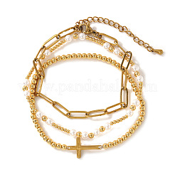 3Pcs Cross 304 Stainless Steel & Imitation Pearl Beaded Stretch Bracelet Sets&nbsp;PU8639-1