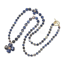 Saint Patrick's Day Natural Sodalite Clover Pendant Round Beaded Necklaces with Brall Heart OT Clasps&nbsp;NJEW-G202-02G-05