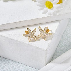 1 Pair Starfish Brass Micro Pave Clear Cubic Zirconia Studs Earrings&nbsp;EJEW-SZ0002-08G