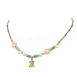 304 Stainless Steel Sea Animals Pendant Satellite Chain Necklaces with Synthetic Turquoise and Natural Amazonite Heishi Beads&nbsp;NJEW-JN06504