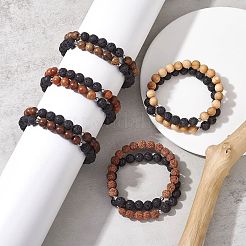Natural Lava Rock & Wooden Round Beaded Stretch Bracelet&nbsp;BJEW-JB10075