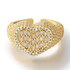 Rack Plating Heart Brass Clear Cubic Zirconia Wide Open Cuff Rings&nbsp;RJEW-S411-12G-01