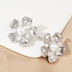 Flower Brass ABS Imitation Pearl Stud Earrings&nbsp;EJEW-M082-08P