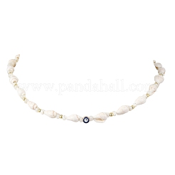 Ocean Natural Trochid Shell & Alloy Enamel Blue Evil Eye Beaded Necklaces&nbsp;NJEW-JN06307