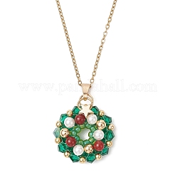 Natural Carnelian & Bicone Glass & Shell Pearl & Seed Beads Christmas Wreath Pendant 304 Stainless Steel Cable Chain Necklaces for Women&nbsp;NJEW-MZ00122