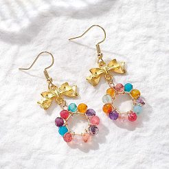 3 Pairs Bowknot with Ring Dyed & Heated Natural Agate Dangle Earrings&nbsp;EJEW-JE06839