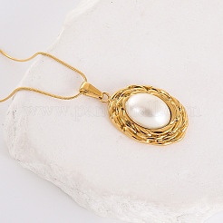 Chic Design Oval 304 Stainless Steel with Imitation Pearl Pendant Necklaces for Women&nbsp;AA0012