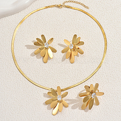 Stainless Steel Cubic Zirconia Flower Pendant Necklaces & Stud Earrings & Rings Sets for Women Gift&nbsp;BG5091