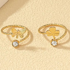2Pcs 2 Styles Brass Crystal Rhinestone Butterfly Clover Cuff Toe Ring Sets&nbsp;FS-WG20A77-03