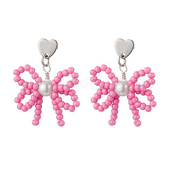Heart with Bowknot Handmade Glass Seed Beads Dangle Stud Earrings&nbsp;EJEW-MZ00474-04