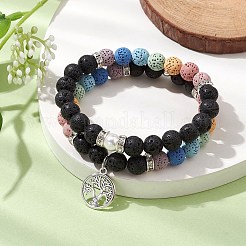 2pcs 2 Styles 8mm Round Dyed Natural Lava Rock & Shell Pearl Beaded Stretch Bracelet Sets&nbsp;BJEW-JB10318