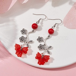Natural Dyed Mashan Jade Flower with Acrylic Beaded Dangle Earrings&nbsp;EJEW-JE05419-02