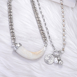 Resin Horn & Zinc Alloy Coin & Plastic Pearl Pendant Double Layer Necklaces for Women&nbsp;FS-WGDE545-01
