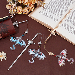 3Pcs 3 Colors Acrylic Dragon with Zinc Alloy Sword Pendant Bookmarks&nbsp;HJEW-UN00080