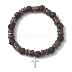 Adjustable Natural Coconut & Lava Rock Beads Stretch Bracelets&nbsp;BJEW-JB13285-01