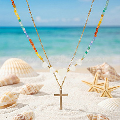 Summer Beach Rainbow Natural Stone and Heart Shell Beaded Stainless Steel Chain Double Layer Necklaces&nbsp;GB7102-1