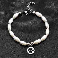 304 Stainless Steel Flat Round with Paw Print Charm Bracelets for Women&nbsp;BJEW-C098-11P