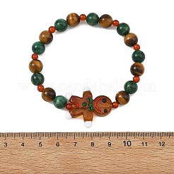 Christmas Handmade Lampwork Gingerbread Man Natural Carnelian & Tiger Eye & Fuchsite Round Beaded Stretch Bracelets&nbsp;BJEW-TA00759
