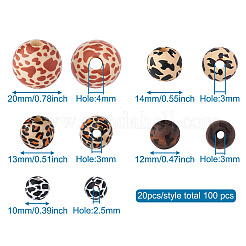 100Pcs 5 Styles Printed Natural Wooden Beads&nbsp;WOOD-FW0001-03