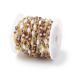 Brass Glass Bead Link Chains with ABS Imitation Pearl Beads&nbsp;CHS-P016-39G-05