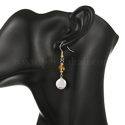 Flat Round Natural Amber & Keshi Pearl Dangle Earrings&nbsp;EJEW-JE07360-01