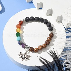 Chakra 8mm Gemstone & Wood Round Beaded Stretch Bracelets&nbsp;BJEW-JB10906-01
