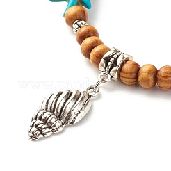 Starfish Synthetic Turquoise Beads & Round Natural Wood Beads Stretch Bracelet&nbsp;BJEW-JB07270