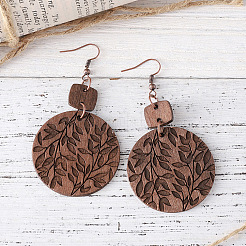 Bohemian Style Wood Flat Round with Leaf Pattern Dangle Earrings&nbsp;FS-WGEA415-01