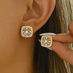 Elegant Brass Pave Cubic Zirconia Square Stud Earrings&nbsp;TT3132