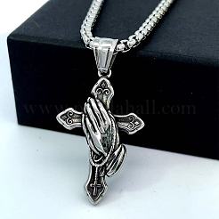 Greek Retro Style 304 Stainless Steel Cross Praying Hand Pendant Necklaces for Men&nbsp;IN9519