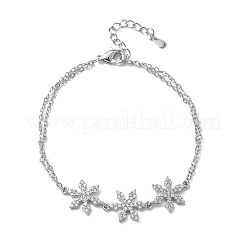Brass Micro Pave Clear Cubic Zirconia Triple Flower Link 2-Strand Bracelets&nbsp;KK-CBA6980-16P